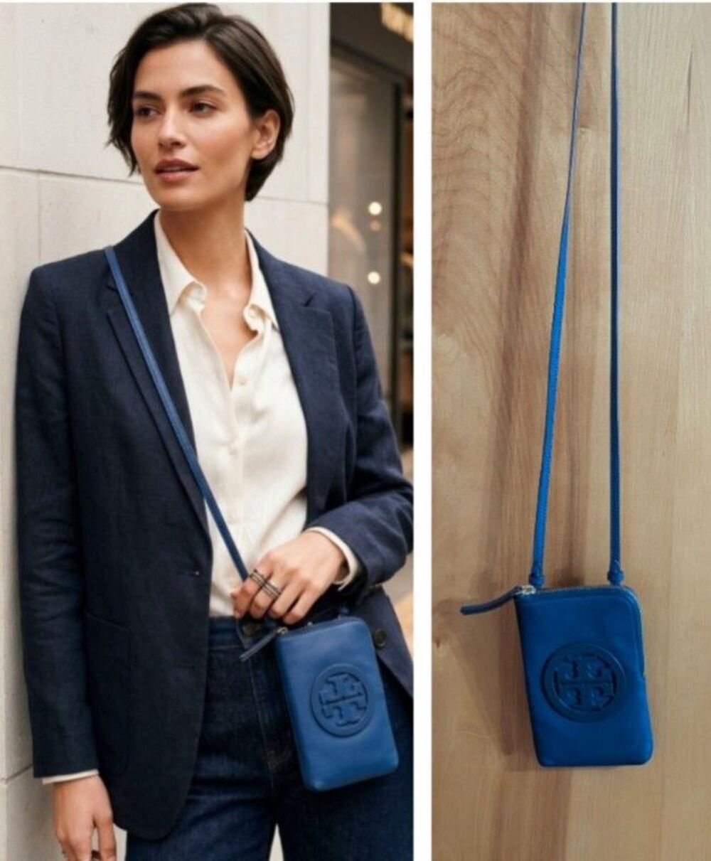 Tory Burch Leather Crossbody Phone Bag Cobalt Charge Card Slots Vacation Ready